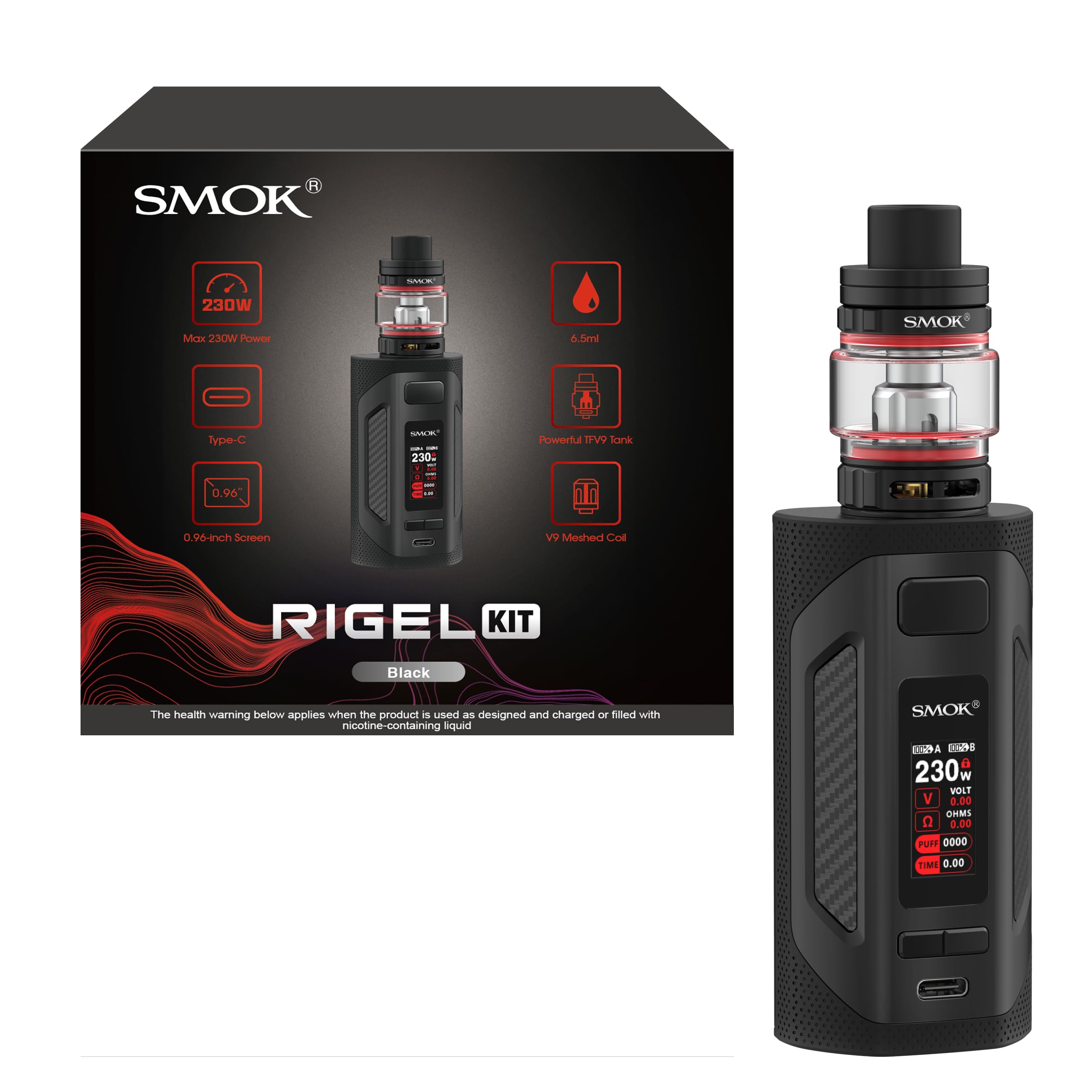SMOK Rigel 230W Vape Kit 6.5ml TFV9 Tank USB Type-C Batteries Dual 18650  (Non Incluses) avec cran TFT de 0.96'', Sans Nicotine - Noir : Amazon.fr:  High-Tech