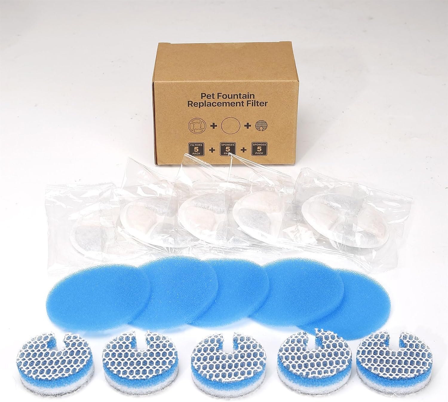5 Set Cat Water Fountain Filter Replacement for Round 2L/67oz Stainless Steel Cat Fountain, ZEKIRY Pet Fountain Filter, Triple Filtration Replacement Filters(5 Filter, 5 Sponge, 5 8D Sponge) - Image 8