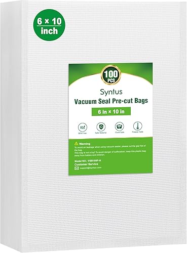 Syntus Bolsas selladoras al vacío para alimentos, 100 pinta de 6 x 10 pulgadas, bolsa precortada de grado comercial, bolsas para almacenamiento de