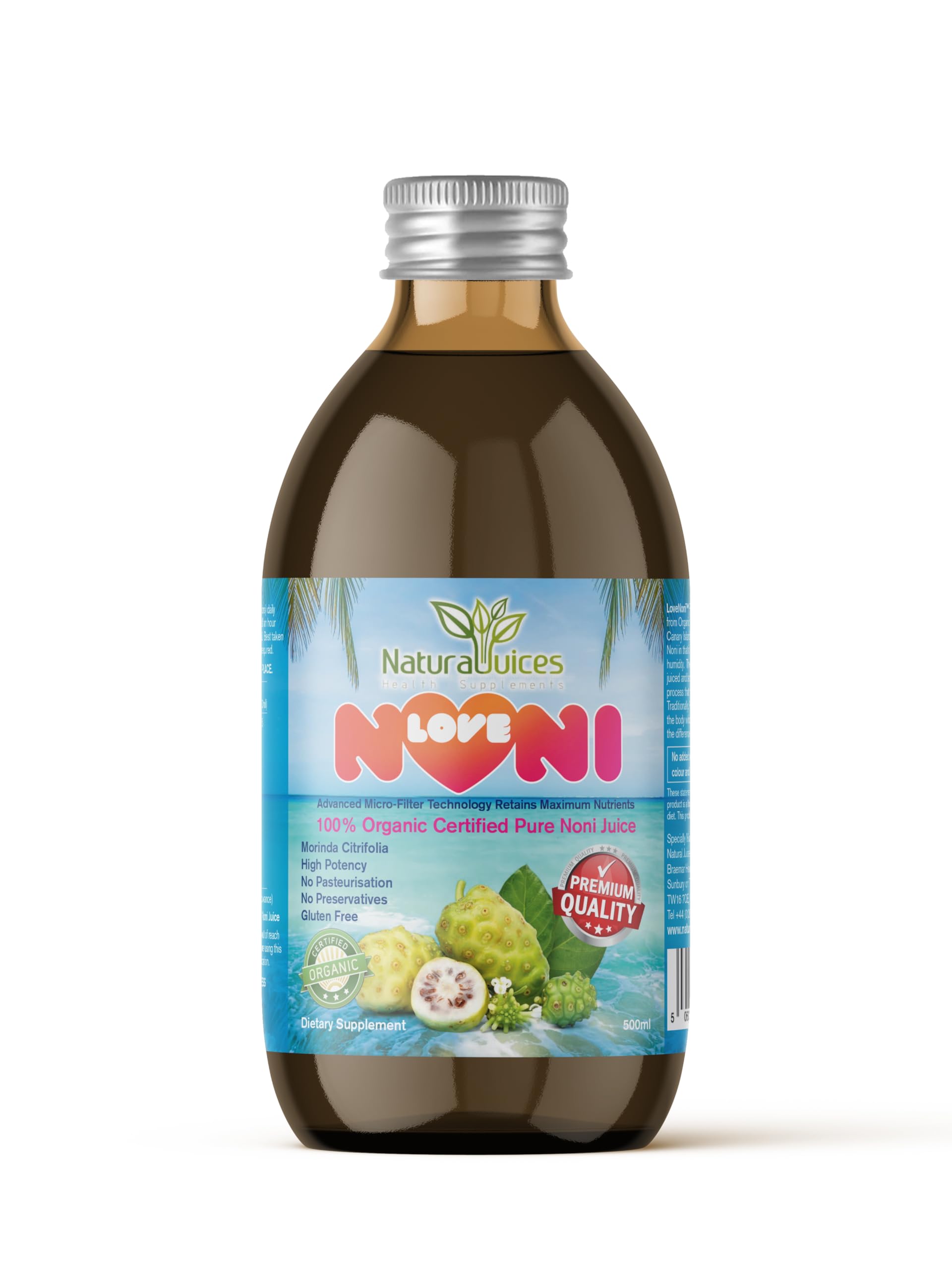 Organic Certified Noni Juice 500ml | Pure & Natural | High in Antioxidants | Immune Support | Premium Amber Coloured Glass Single Bottle
