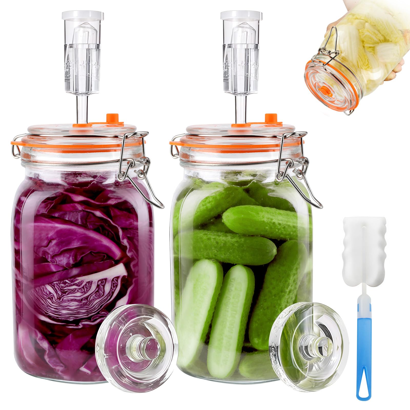 Snovire Lot de 2 bocaux de fermentation de 1,5 l - Avec valve de fermentation et poids - Pour choucroute, kimchi, kombucha et cornichons - Avec brosse de nettoyage - 2