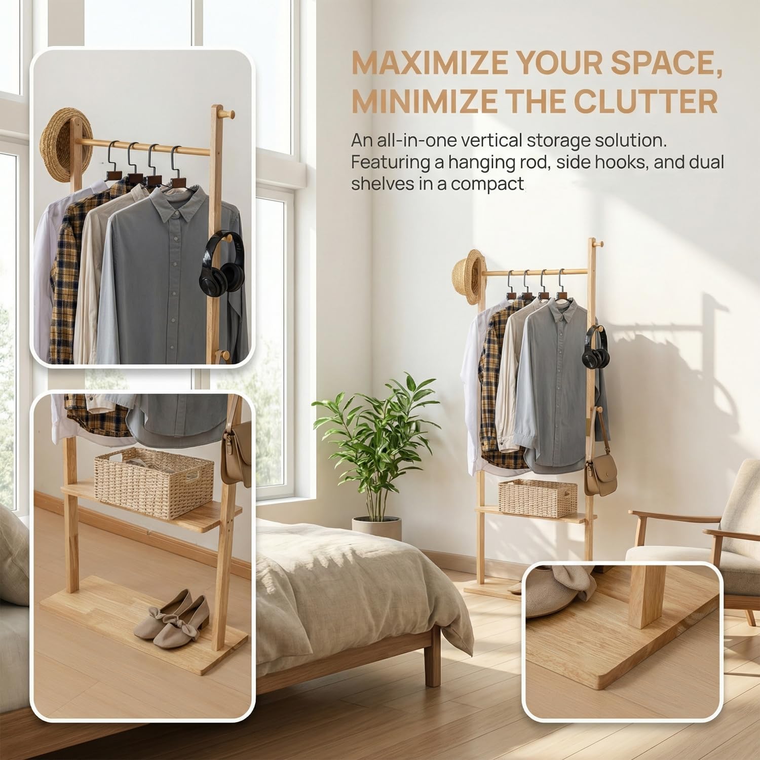 latifolia Clothes rack, Solid Wood Clothing Rack Witch Hooks and Shelves, 23.6 inch Garment rack With Storaege for Living Room, Nature