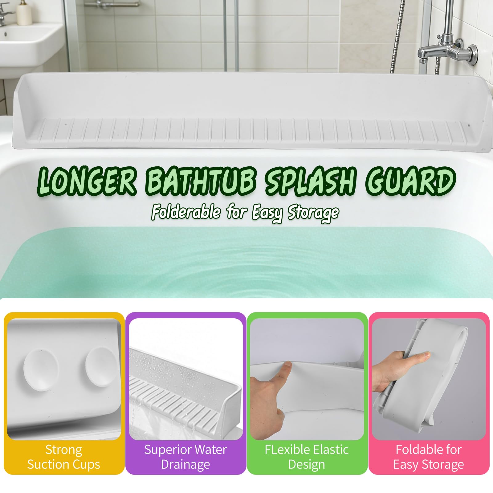 Protector contra salpicaduras para bañera para niños, protector de salpicaduras de silicona con 11 ventosas, estante de juego para bañera para niños y soporte de juguetes, evita derrames de agua en el