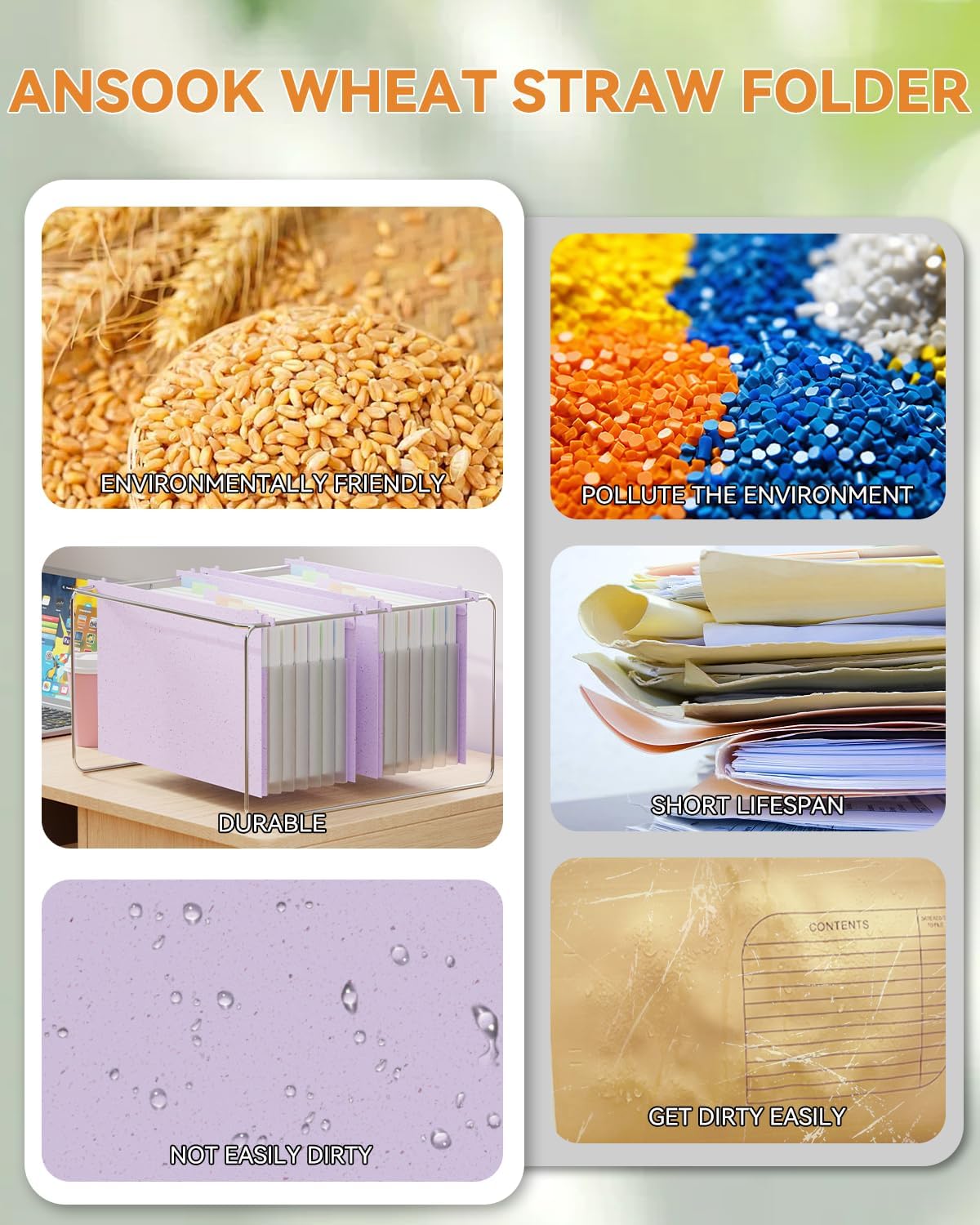 ANSOOK Wheat Straw Expanding Hanging File Folders Legal Size,1.2" Accordion Pockets File Organizer,3 Pack Filing Cabinet Folders,Large Capacity File Folder with Tabs,Purple Hanging File for Frame Box