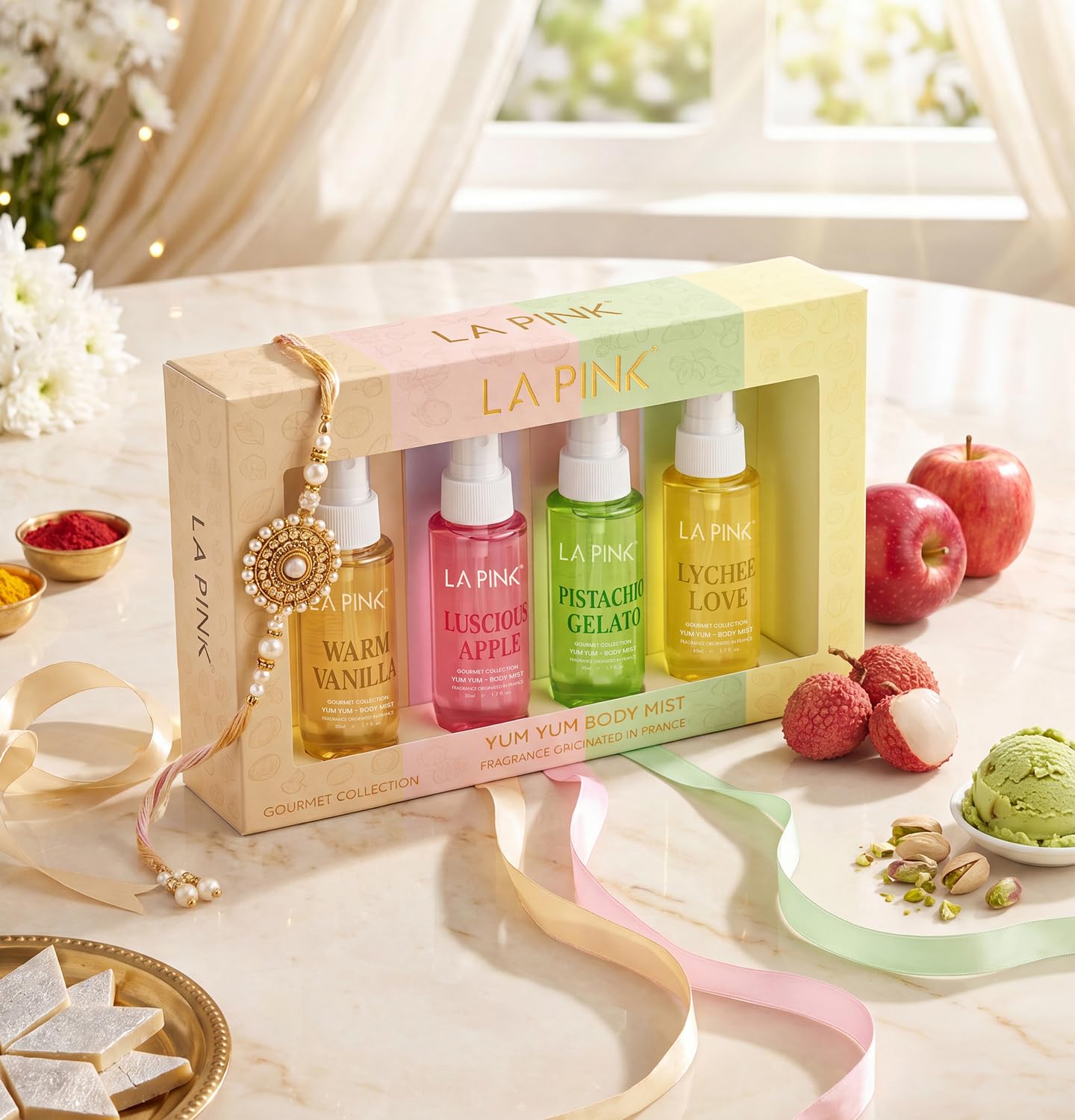 la pink body mist woman | travel friendly long lasting gourmet collection perfume body mist gift set for women with vanilla, pistachio, apple & lychee notes | premium fragrance gift pack for unisex adult | 50ml x 4