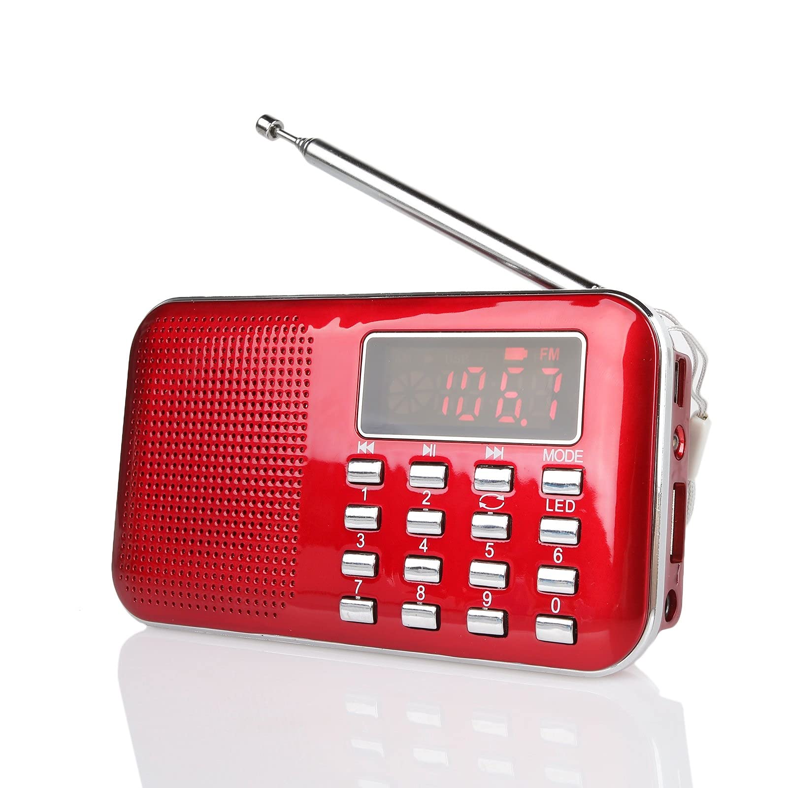 Radio portatil FM Am Bolsillo MP3 Jugador con Auriculares Jack Acoplado con batería Flash Linterna USB Recargable Auxiliar -En para Caminar Corriendo, Rojo.