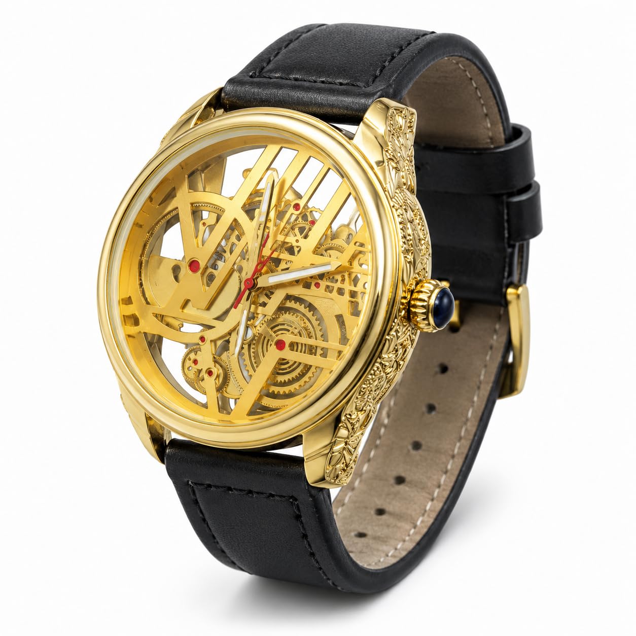 Automatic Watch for Men Skeleton Dial Gold Case Black Leather Strap Luxury-image-9