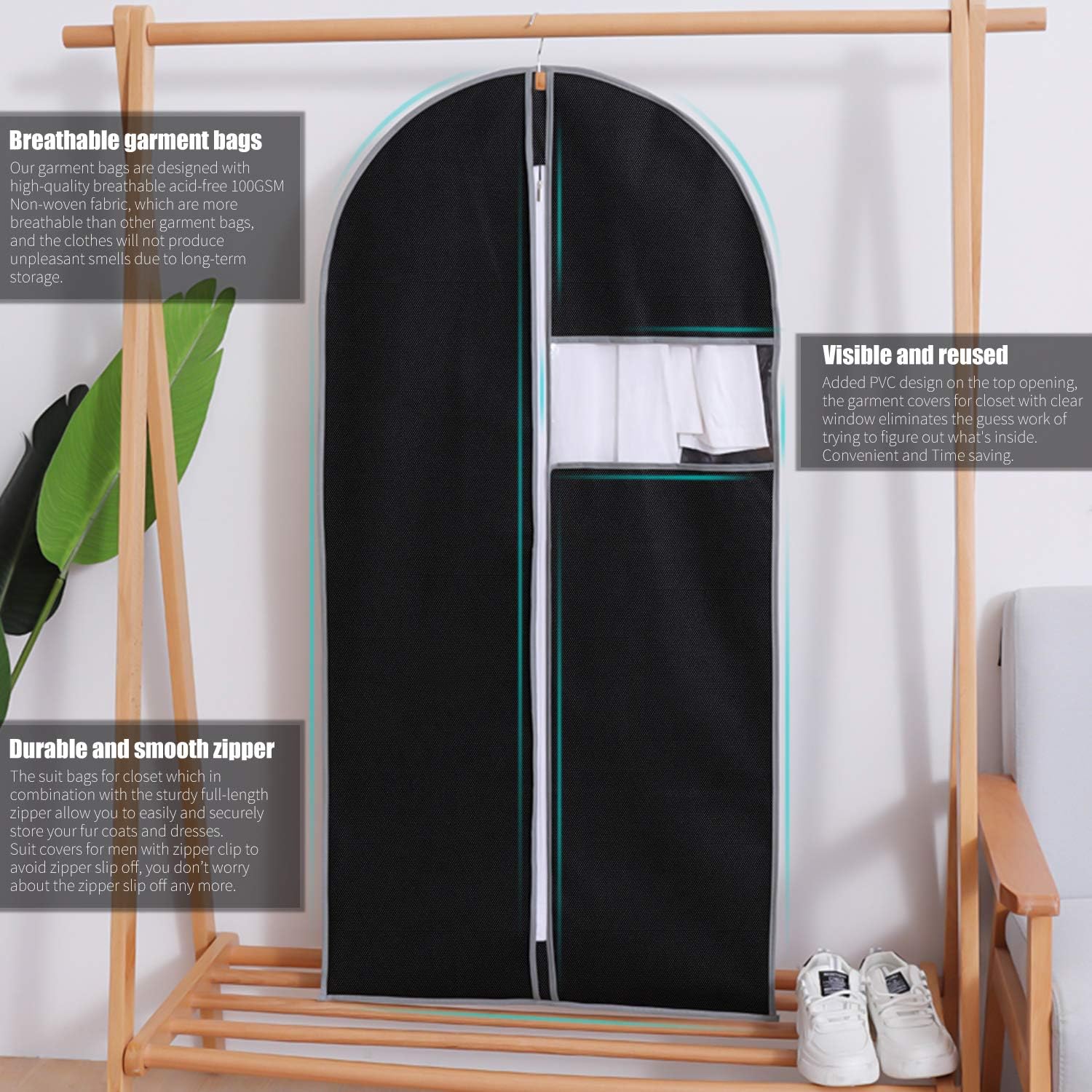 GDORUN 6Pcs Garment Cover Bags, Black Clothes Storage Bags, Moth Proof Garment Bags for Long Gowns Suits, Women Dresses, Men Coats (90cm *2 + 110cm*2 + 130cm*2) - Image 4