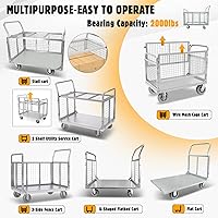 Vista 5 de Carrito de Plataforma con Jaula, Multiusos 6 en 1 Plegable Carrito de Plataforma Plana Carrito de Empuje Resistente Diablito con Ruedas Giratorias