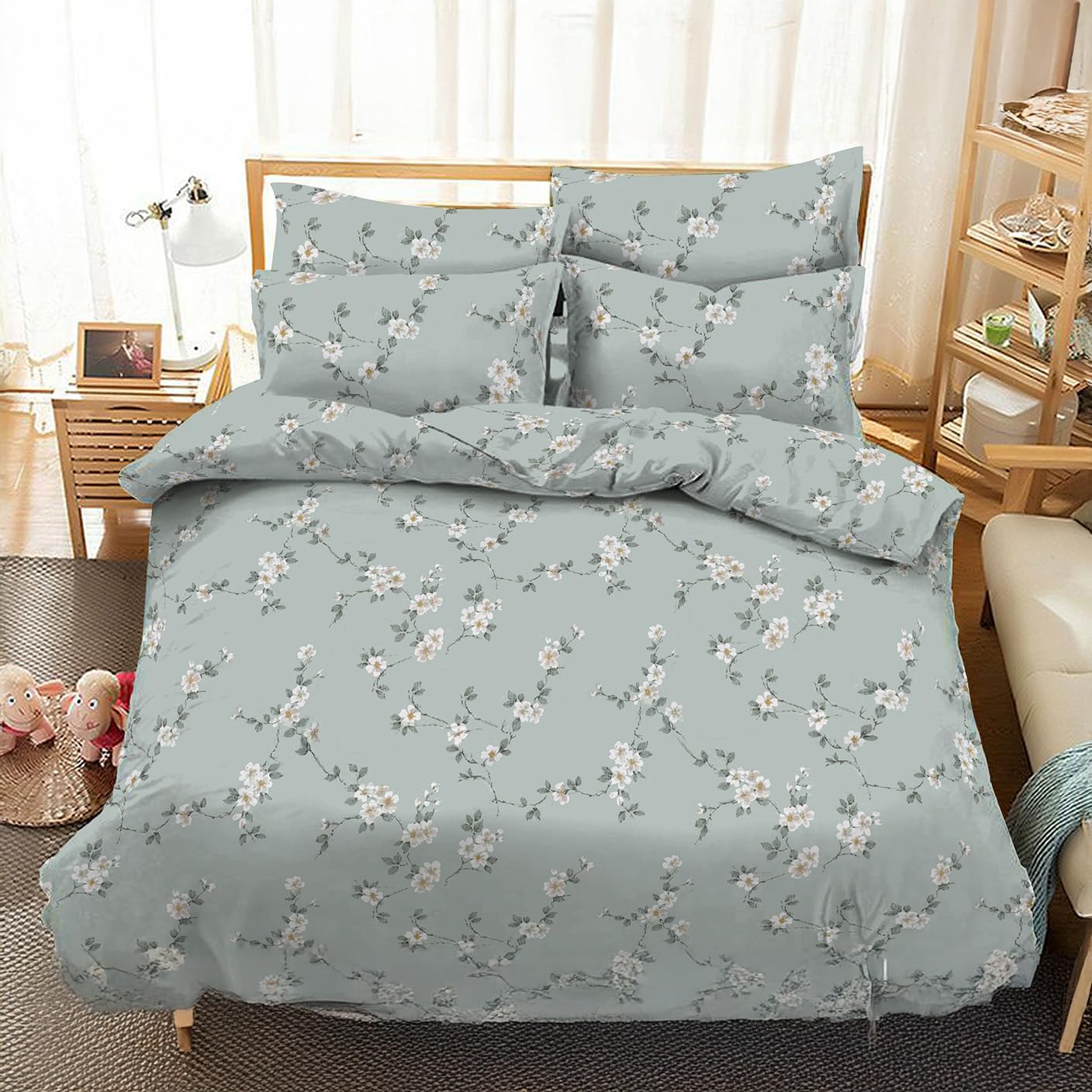 Danydude Mint Bloom Floral Printed Duvet Cover With Pillow Case 400 Thread Count Duvet Cover Set Double 100% Egyptian Cotton Double Duvet Cover Sets