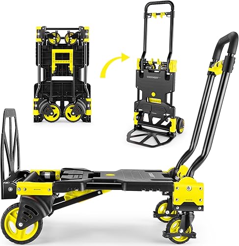 Carretilla de Mano Plegable de 330 Libras para Carga Pesada, Combinación de Cuatro Ruedas y Dos Ruedas, Carrito Convertible con Mango Retráctil,