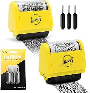 Miseyo Wide Identity Theft Protection Roller Stamp Set-Yellow (3 Refill Ink Included) with Refill Ink - 3 Pack - Black Ink and Confidential Roller Stamp 1.5 Inch Perfect for Privacy Protection-Yellow
