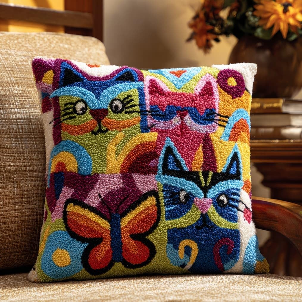 AxiangziK Latch Hook Kit for Adults 43x43cm,Cats and Butterflies