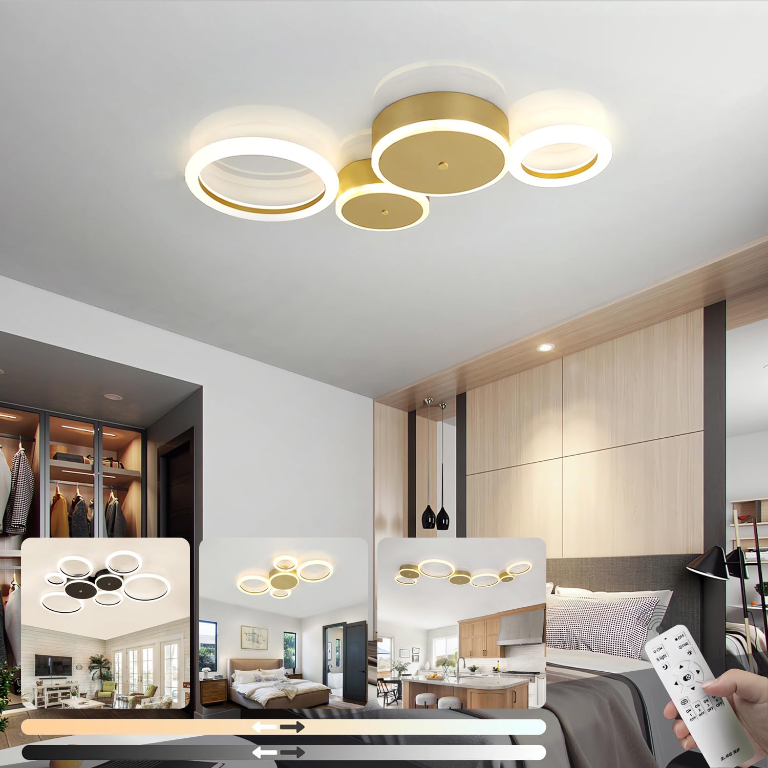 LIYYANG Modern LED Ceiling Light Living Room Ceiling Lamp Dimmable 3000K-6500K Ceiling Lighting with Remote Control Bedroom Light‌ Circular Ceiling Lights for Office Dining Room Study(Gold,4-Ring)
