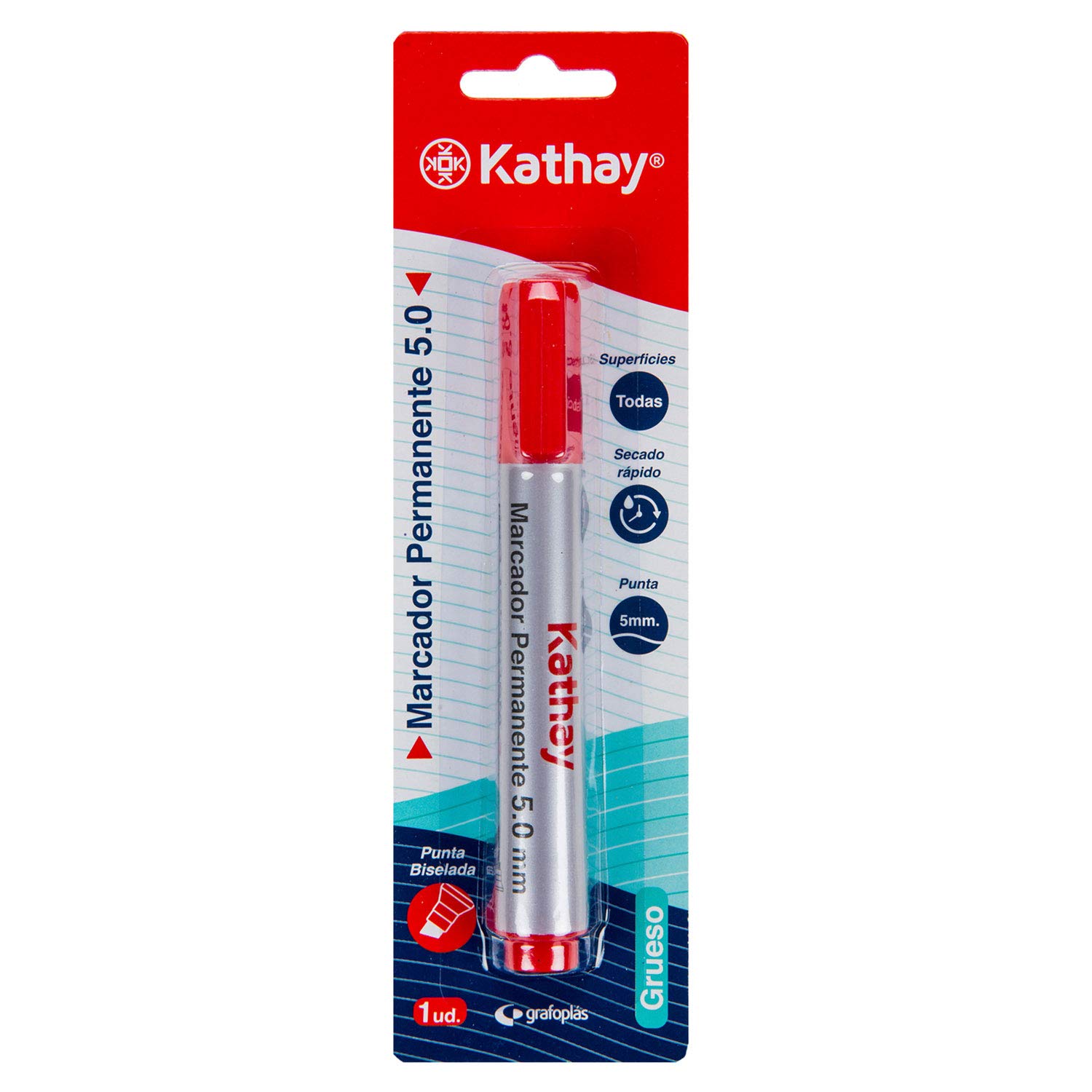 Kathay 86211751. Rotulador Permanente, Color Rojo, Punta Biselada 5mm, Secado Rápido, Para Todo Tipo de Superficies