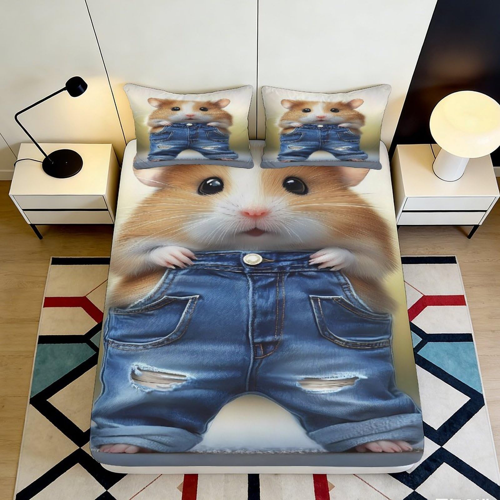 3D Printed Cartoon Hamster Fitted Sheet Microfiber Deep Pocket Non-Slip Bedroom Cute Hamster Mattress Fitted Cover Washable 200x200x25cm 90x200x25cm
