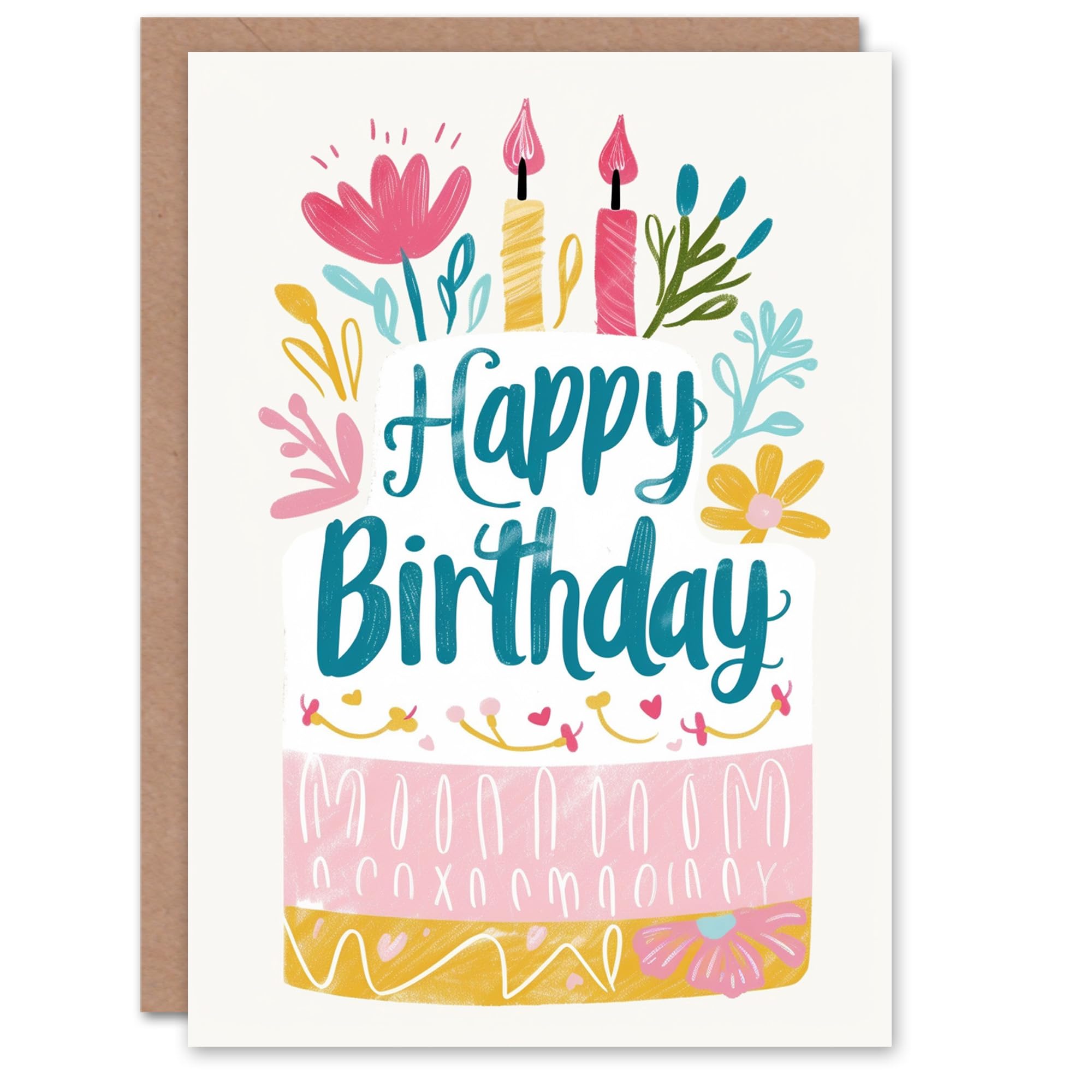 Artery8 Women's Birthday Card Flowers Candles Floral Cake Greeting Card Pink