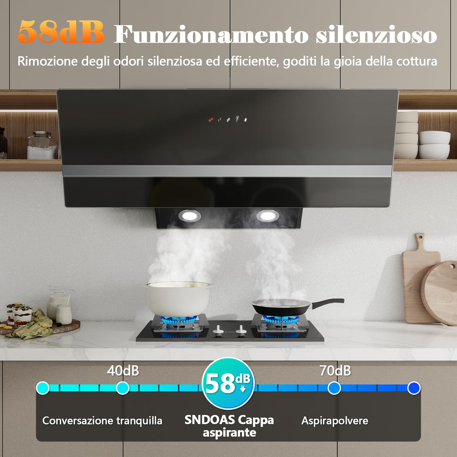 Cappa Aspirante Inclinata 90cm 450 m³/h 3 Livelli Boost Filtri Carbone Touch LED Vetro Nero