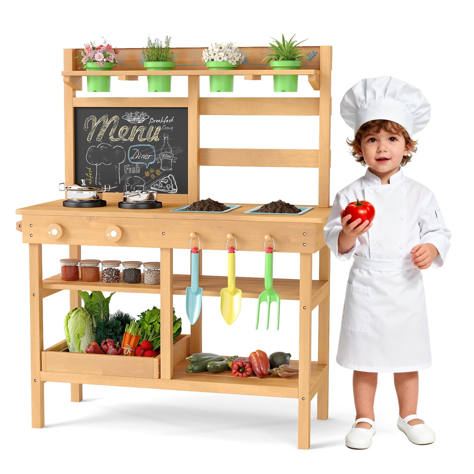 DREAMADE Matschküche Kinder Outdoor, Kinderküche mit abnehmbaren Spülen, Tafel, Herd, Blumentöpfen & Gartenwerkzeugen, Spielküche Holz, Outdoor Küche für Jungen & Mädchen ab 3 Jahren