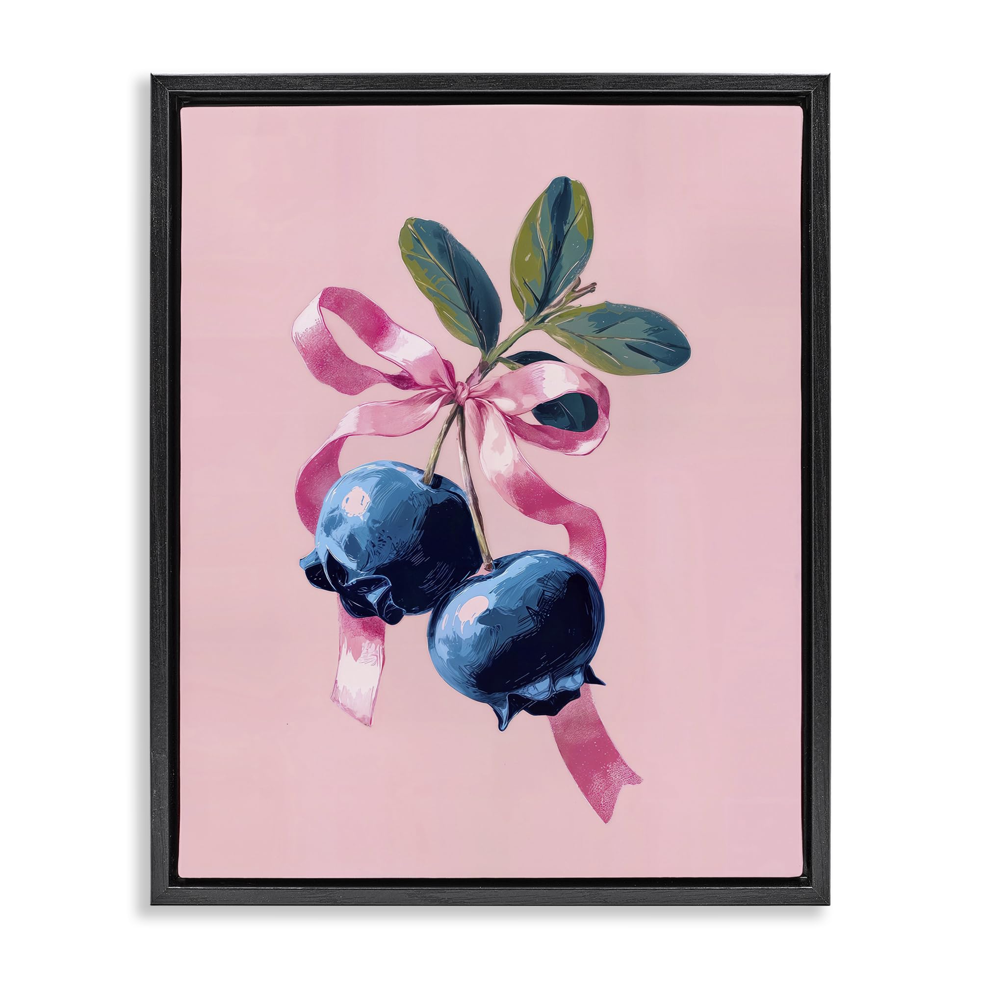 Stupell Industries 'Blueberry Branch with Pink Bow', Floating Frame Canvas Art, Black, 17 x 21 Inches, Easy to Hang and Sturdy, Made in USA, by Imagine It Images