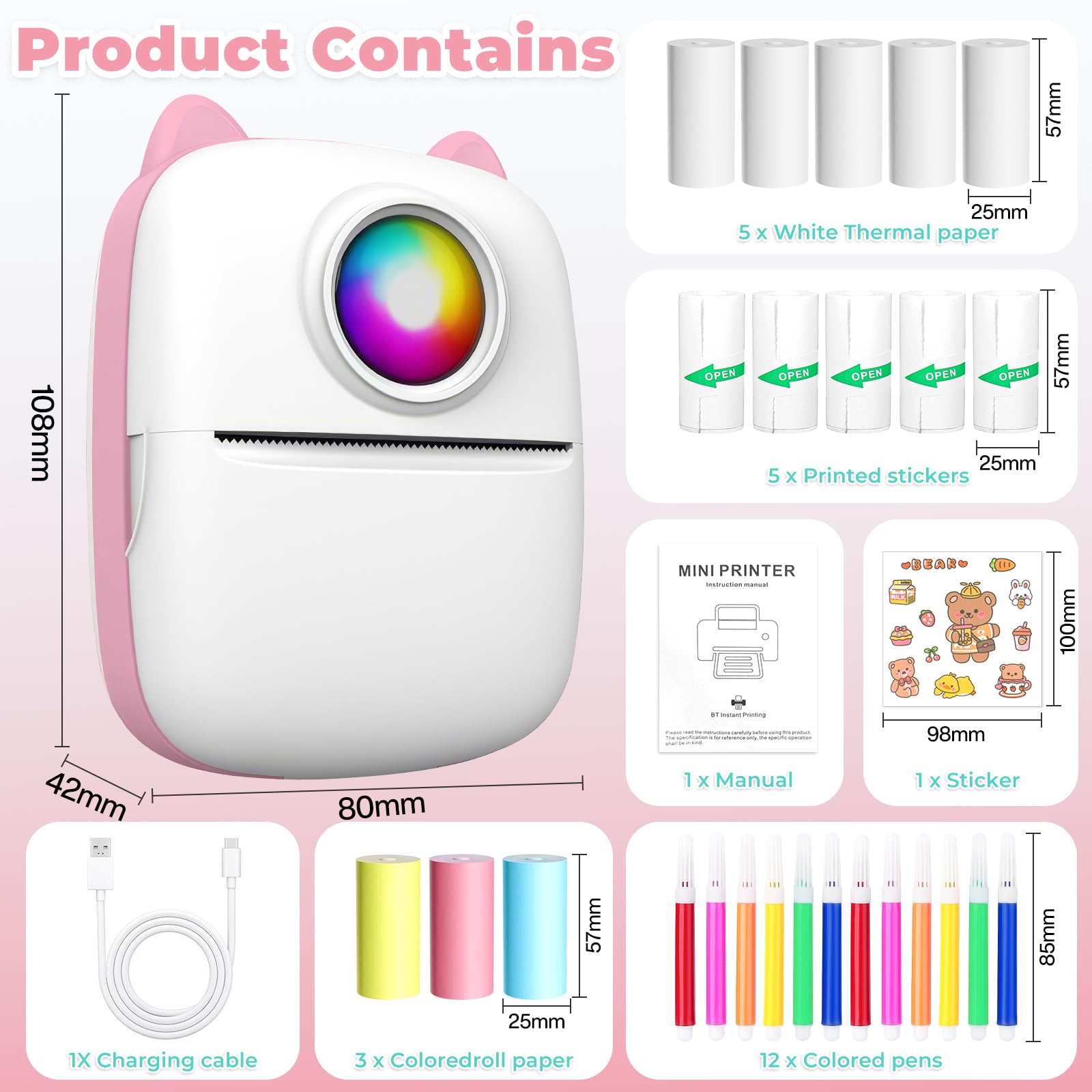 Mini Impresora para Movil, Impresora Termica Fotográficas, Impresora Mini Portátil Inalámbrico Compatible con iOS y Android para Fotos Nota (Rosa)