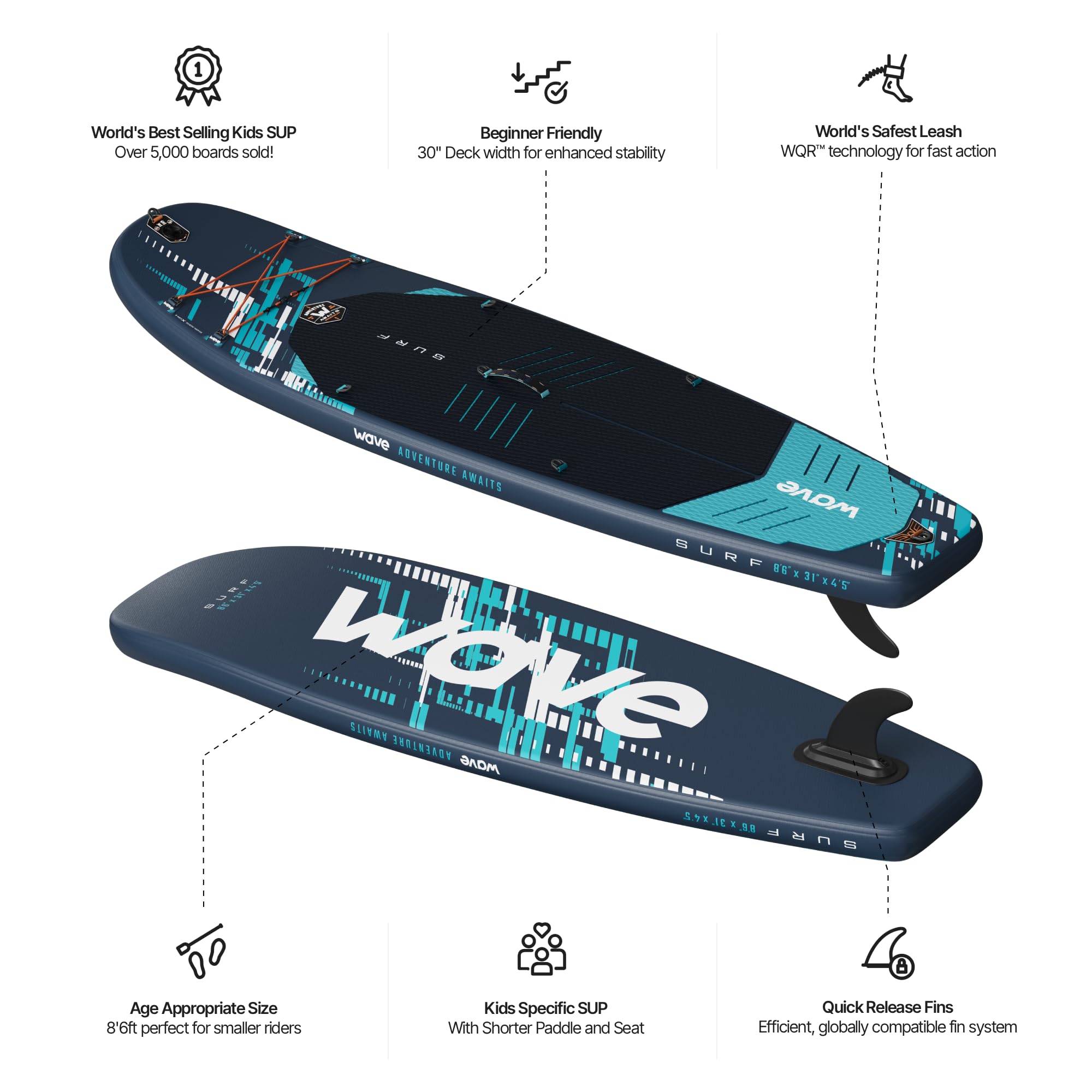 WAVE Surf Kids - Combo de tabla de remo y kayak 2 en 1 | SUP inflable con remo ajustable, asiento cómodo, cubierta antideslizante | 8 pies 6 pies