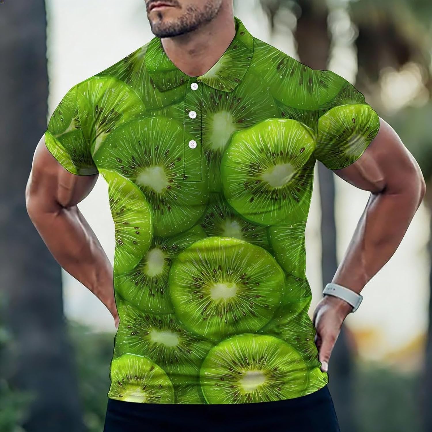 Kiwi Slices Fruit Texture Men's Polo Golf Shirts Collared T-Shirt | short sleeve,three button,quick dry,machine washable,summer tee top