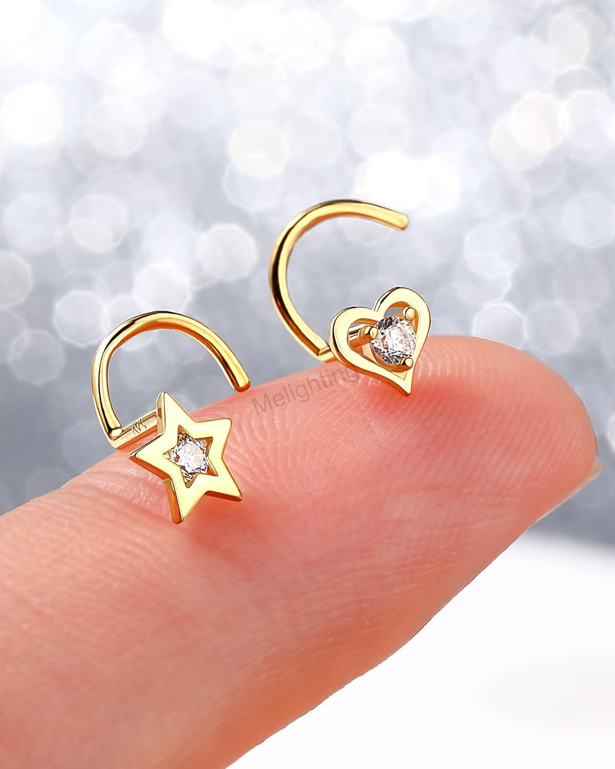 MeIighting 14K Solid Gold Heart Nose Rings - 20G Star Nose Piercing Jewelry for Women with Clear CZ Stones