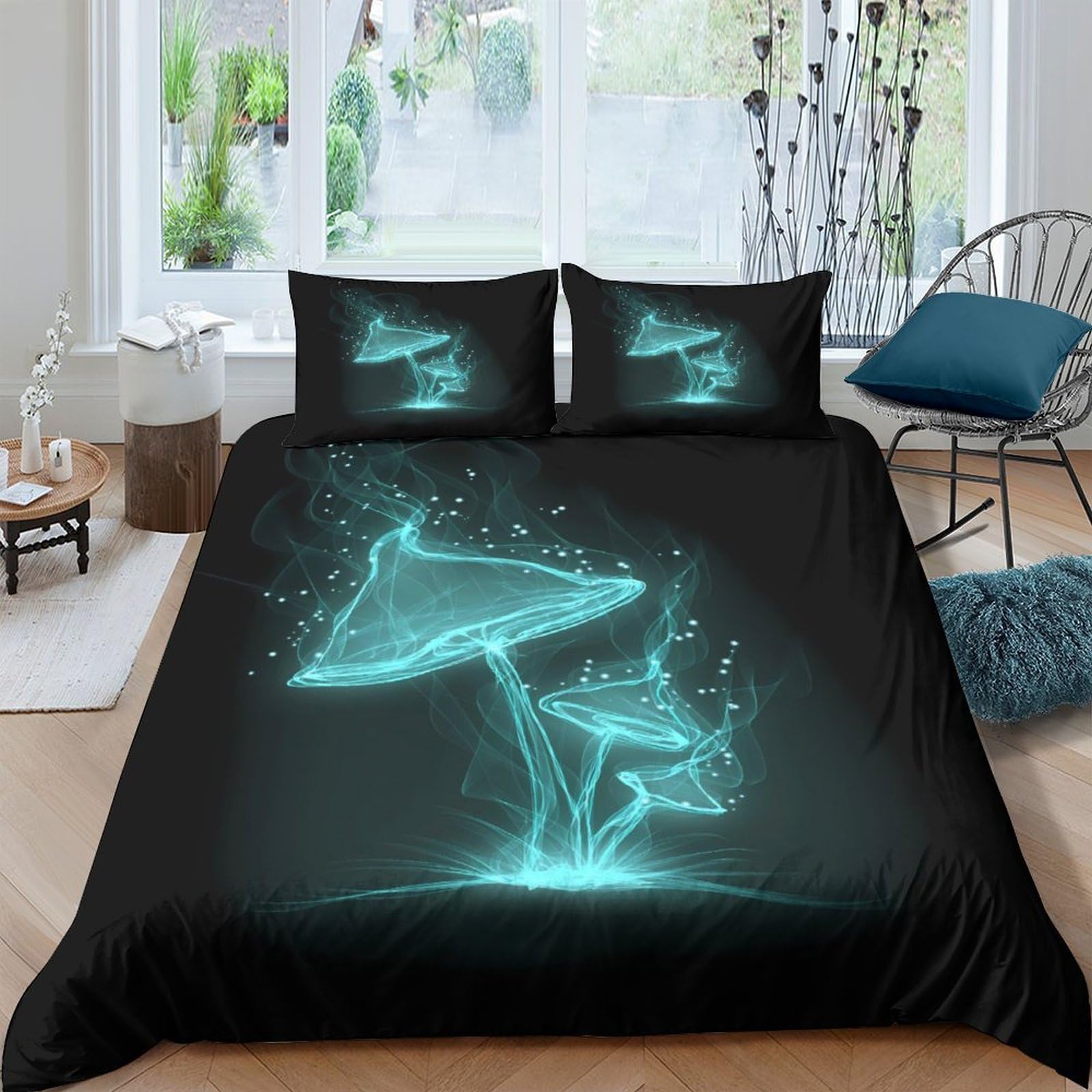 Ctjqhvkz Style-1 3D Printed Luminous Mushroom Fitted Sheet Microfiber Soft Black Neon Bed Cover For Bedroom Guest Room Mattress Protection Single（135X200cm）