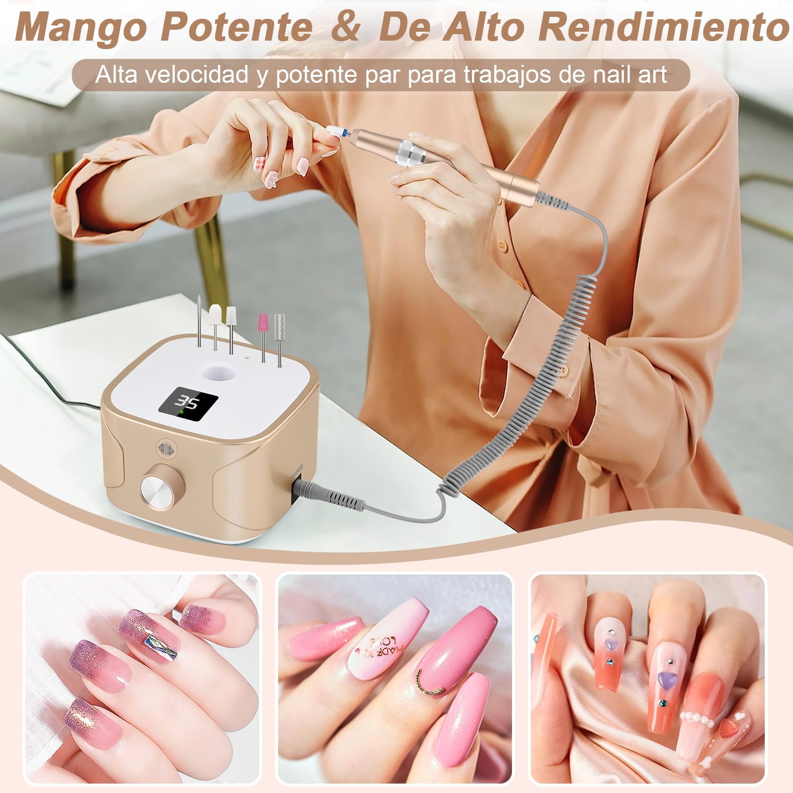 Kredioo Torno para Uñas Profesional 35000 RPM, Pulidor Uñas, Lima Electrica, Nail Drill, Set Manicura y Pedicura Electrico, Kit 11 Fresas Brocas, LED Tátil, Quitar Acrílico Gel/Esmalte/Callos, Oro