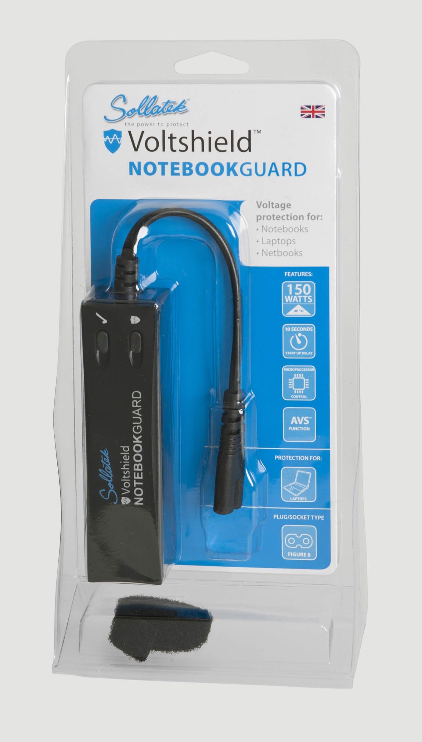 Sollatek NotebookGuard, Laptop Over-voltage and Surge protector, Figure 8 connector, ideal when using laptop on trains and ship.