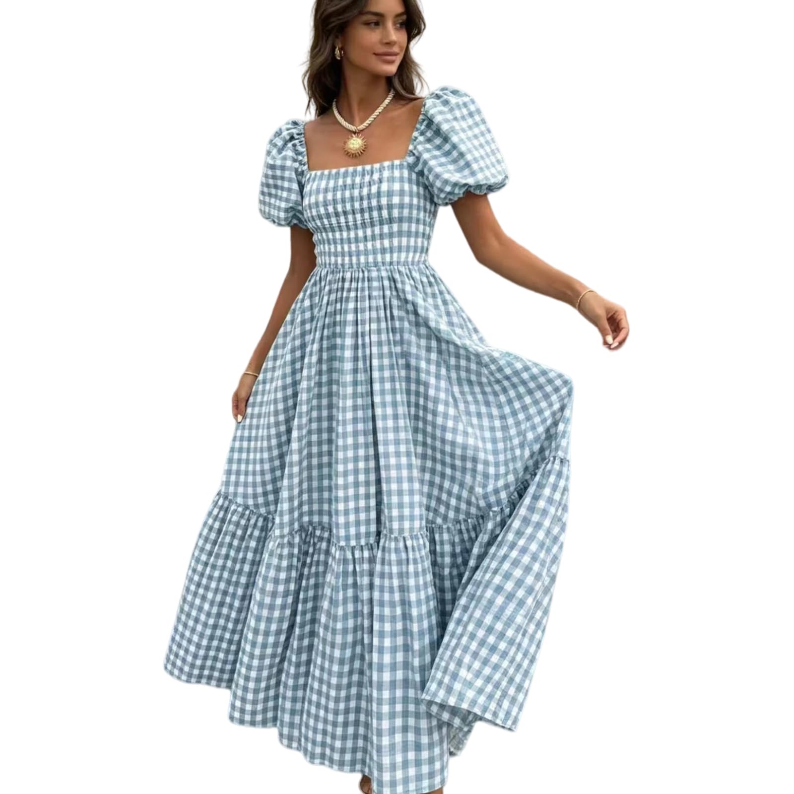Abito Maxi Vichy Donna Scollo Quadrato Maniche Gonfie Volant