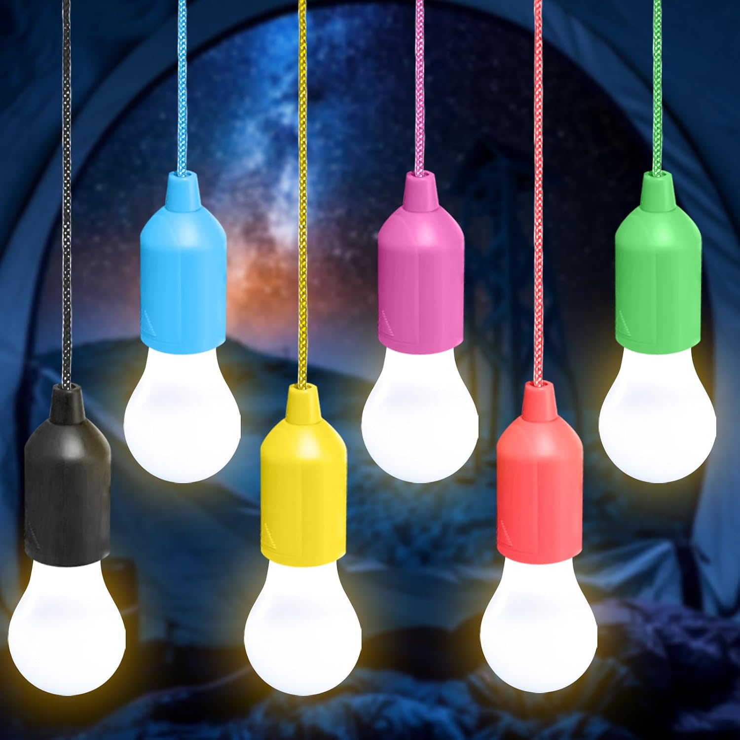 6 LED Camping Light Bulb, Camping Light for Tent, Camping Lamp with Pull Switch, Portable Tent Lamp Light Bulb, Lamping Light for Hiking, Fishing, Desk, Garden, BBQ (Colourful: Warm White Light)