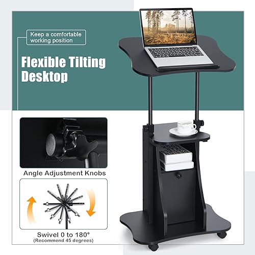 Miniatura 4 de MEDIMALL Podio portátil para laptop, soporte de podio portátil de altura ajustable, escritorio de atril rodante con almacenamiento, parte superior