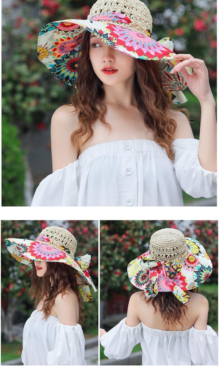 Bohemian Wide Brim Sun Hat - Stylish Printed Straw Hat for Beach Vacation & Sun Protection, Hawaiian Summer Fashion Multi