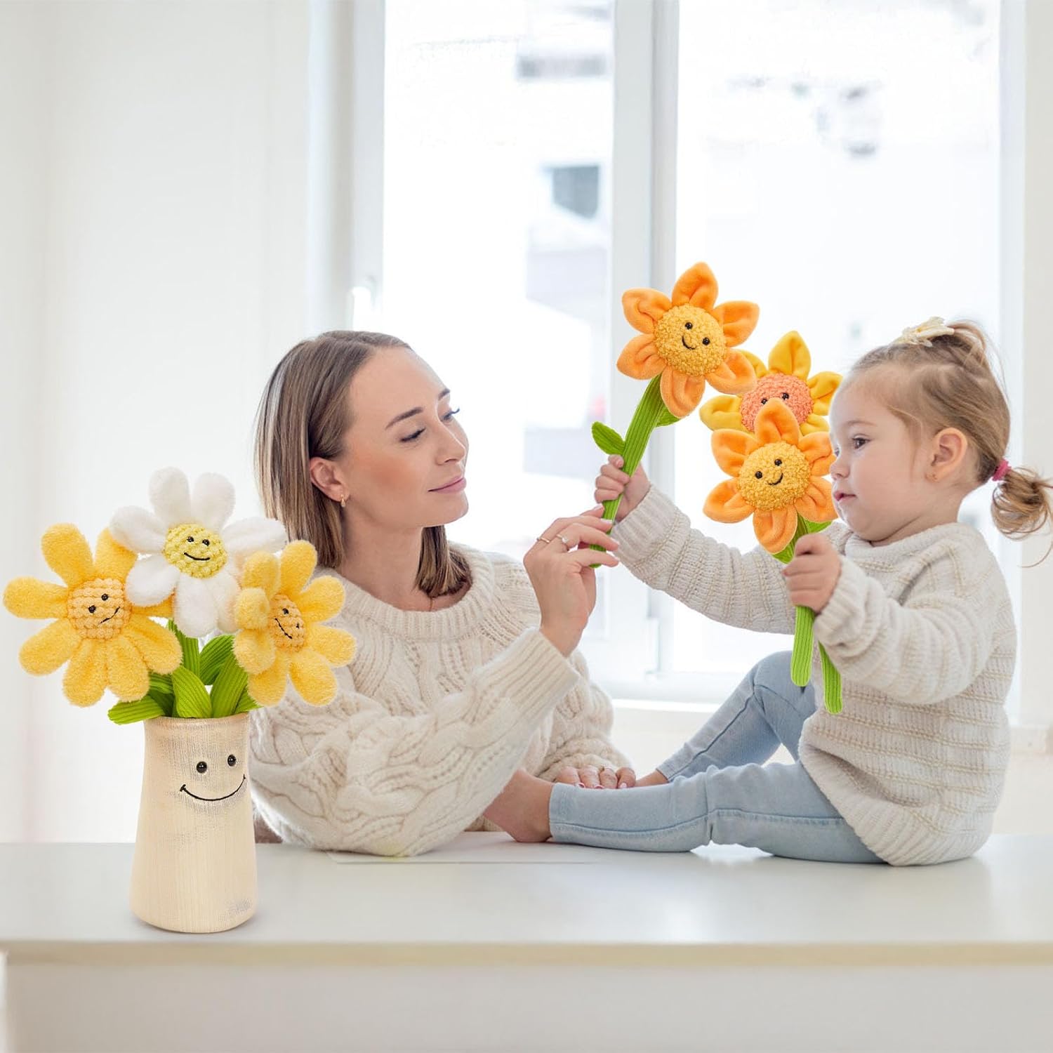 Tezituor 3Pcs Flower Plush with Soft Vase, 14'' Daisy Stuffed Animal Fabric Bouquet Gift for Girls Girlfriend Wife Daughter Women Valentine's Day Graduation Mother's Day Christmas