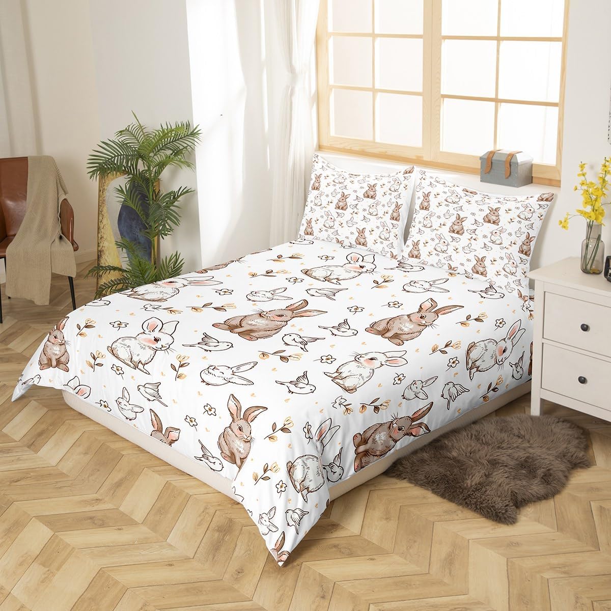 Feelyou White Brown Rabbit Bedding Set Full Size Cartoon Cute Comforter Cover Set for Kids Teens Fresh Floral Duvet Cover Kawaii Animal Bedspread Cover 3Pcs with 2 Pillow Case