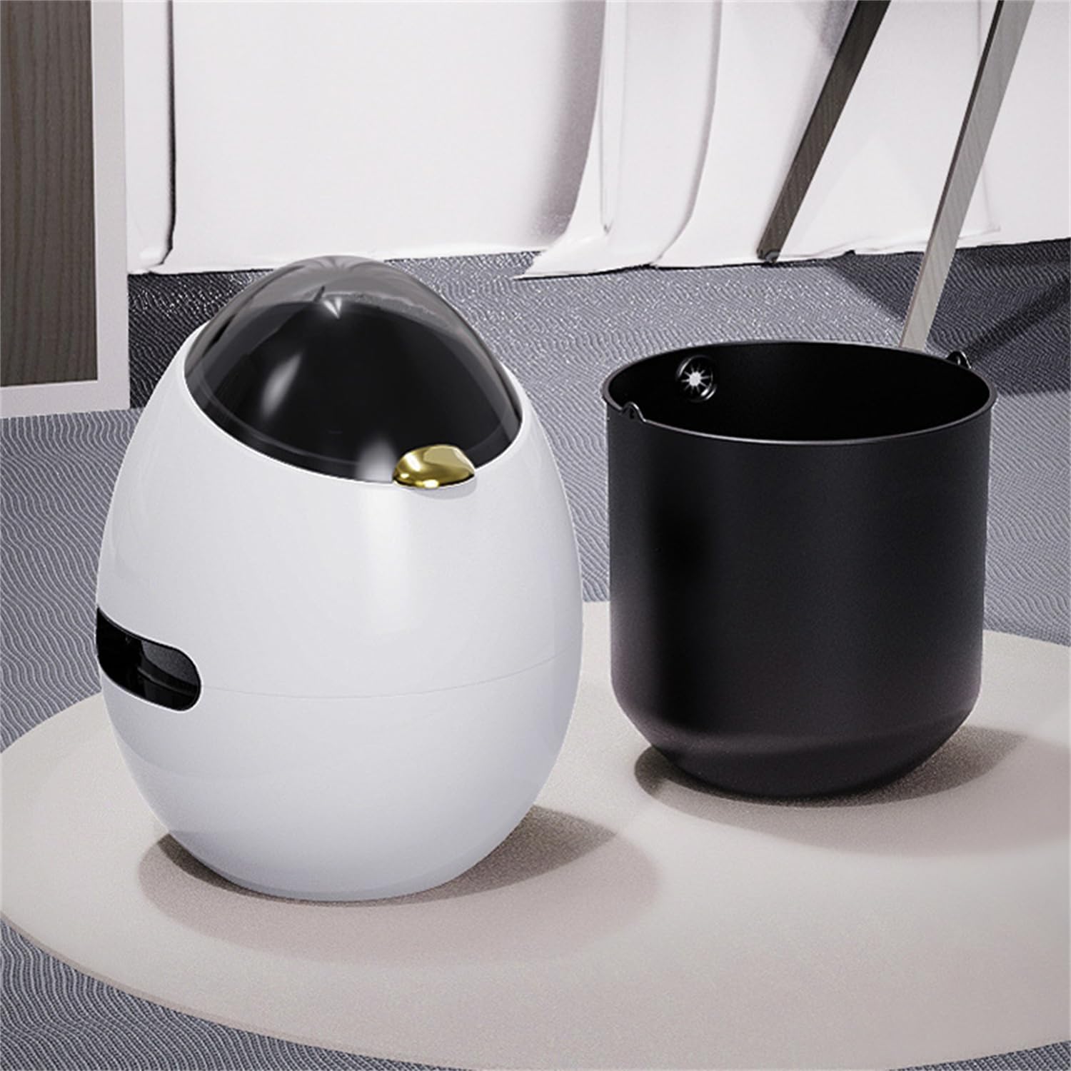 HYTTER Unique Egg-shaped Trash Can with Cover, 10L Small Trashcan Plastic Trash Bin for Bedroom, Livingroom, Office, Hotel (White)