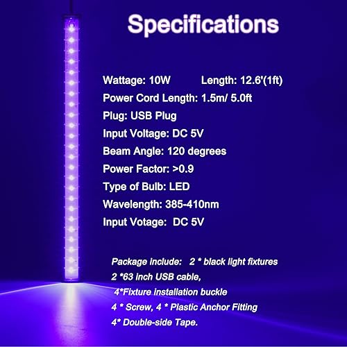 Miniatura 2 de U4GLORY Barra de luz negra, luz negra de 10 W y 1 pie para gabinete, lámpara USB UV negra para póster de tapiz fluorescente, pintura corporal,