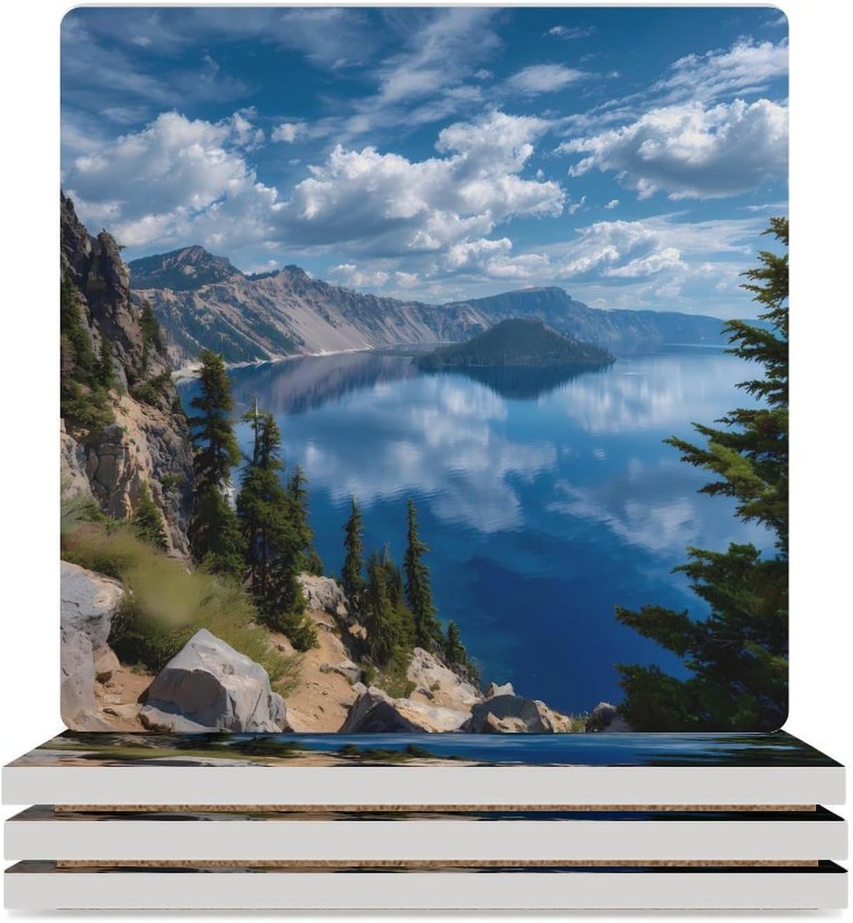Crater Lake Oregon National Park Coaster for Drinks Square Ceramic Table Coasters Stone Mat Crafts 4PCS Home Kitchen Decor