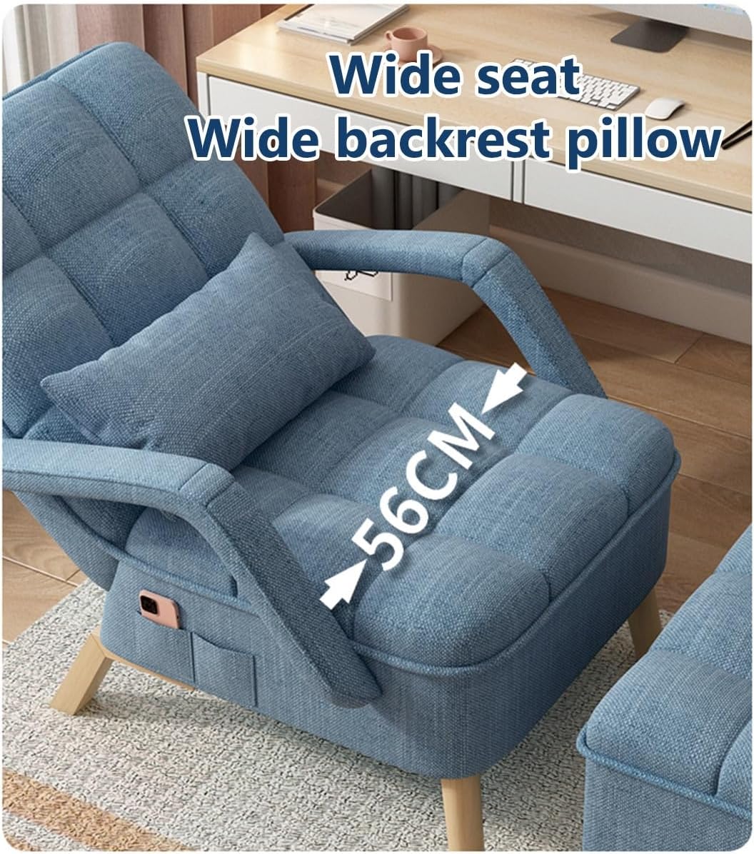 Generic Modern Armchair, Blue, Cotton Linen, Wood, Reclining, Adult, Indoor, Upholstered, Rectangular, Rounded Arm, Tapered Leg, Relaxing, Living Room Chair