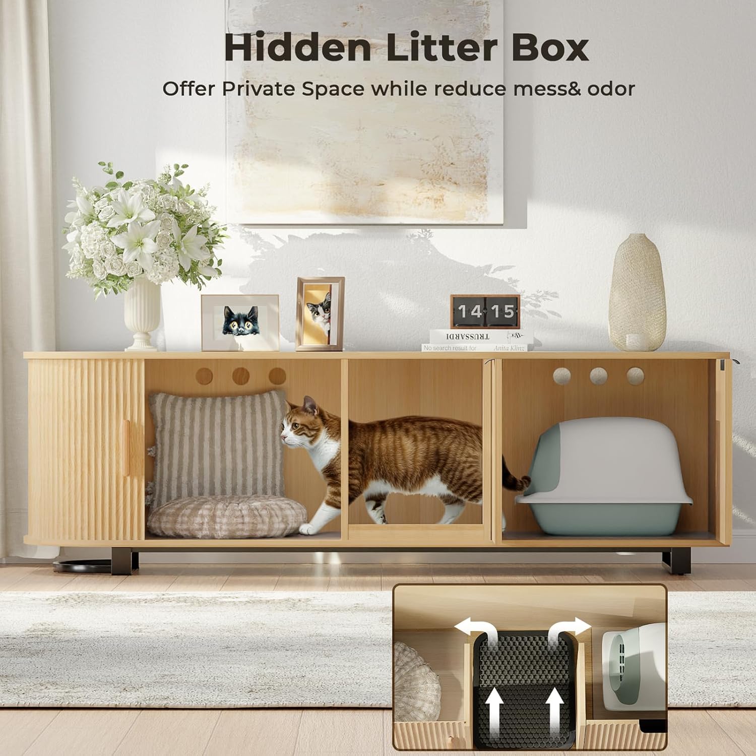 62'' Cat Litter Box Enclosure with Sliding Tambour Door, Fluted Litter Box Enclosure Furniture Hidden Litter Box with PVC Pad & Litter Collecting Pad for Cat House