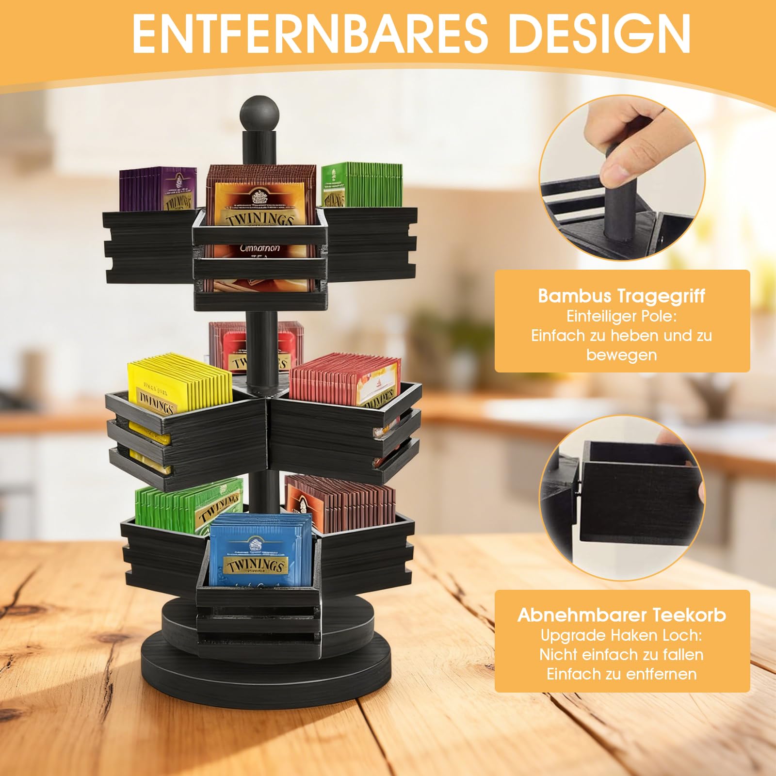 Organizer per bustine da tè, in bambù, a 3 ripiani, girevole a 360°, con 9 scomparti, per cucina, piano di lavoro, ufficio, caffè, zucchero (nero)