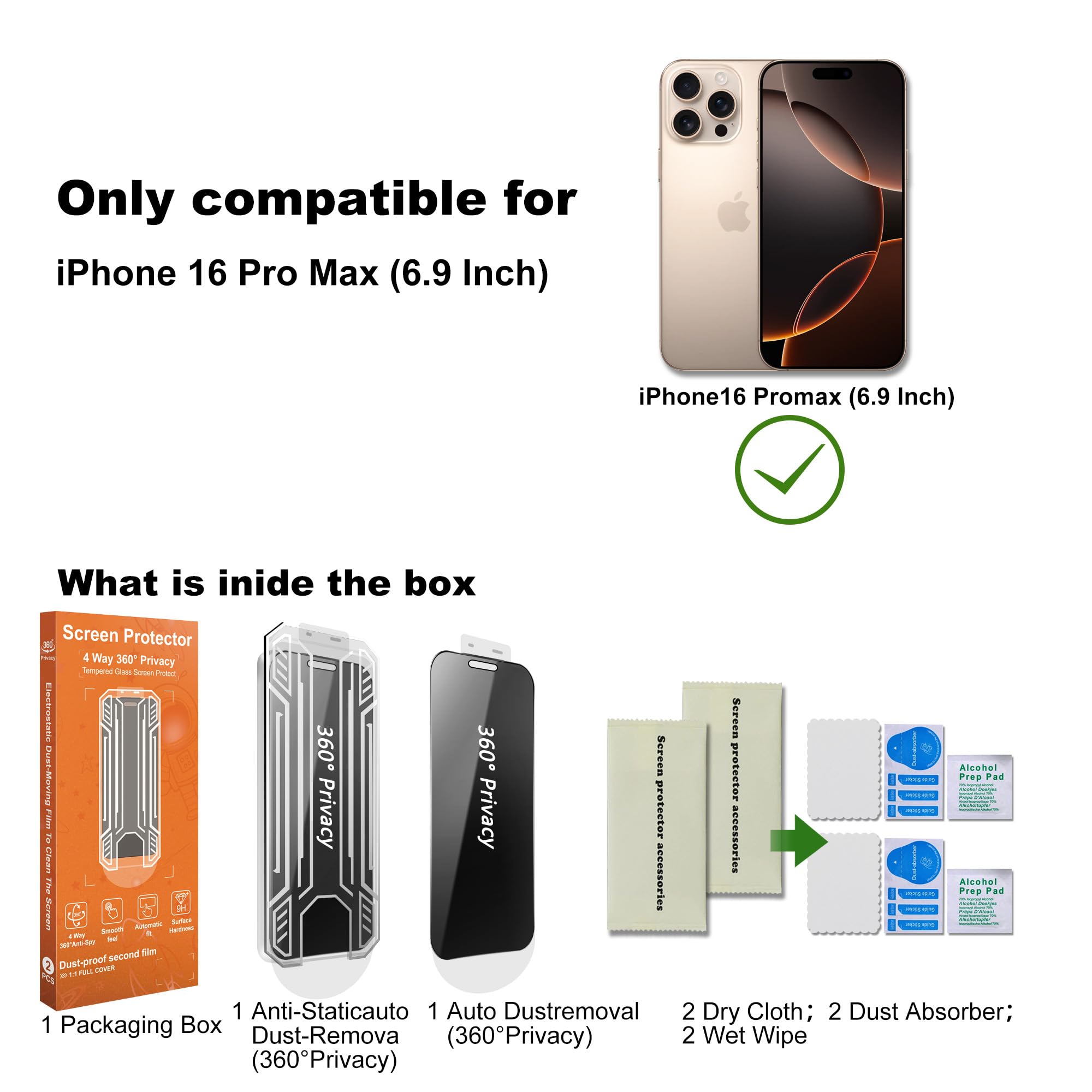 Protezione schermo privacy in vetro temperato anti-spia a 360° per iPhone 16 Pro Max, confezione da 2, infrangibile, antigraffio, facile da montare, cornice inclusa