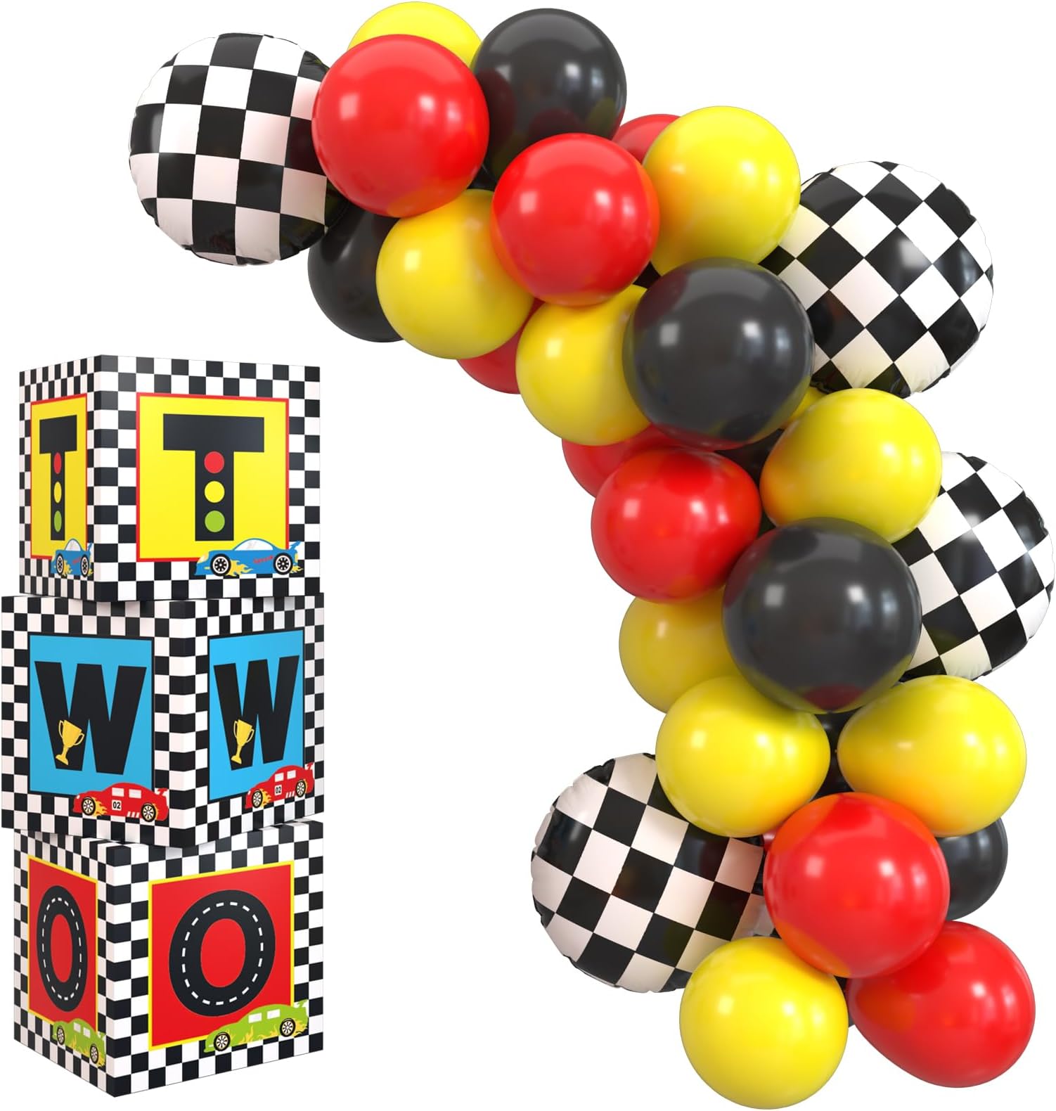 Race Car Birthday Balloon Boxes Decorations Including Racing Party Boxes Block, Red Yellow Black Latex Balloons for Two Fast 2nd Birthday Party Supplies Checkered Flags Backdrop Favor