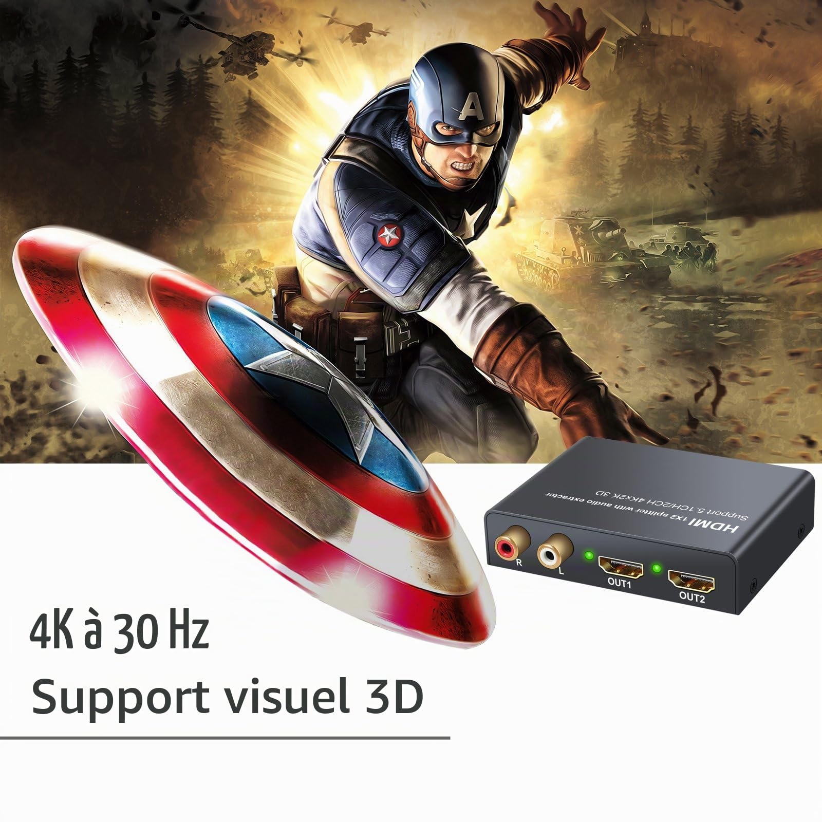 HDMI Extracteur Audio 1x2 Séparateur 4Kx2K 3D Adaptateur DC 5V 1A HDMI vers SPDIF Toslink Optical+2 Sorties HDMI Vidéo Splitter Convertisseur HD Numérique vers Stéréo Analogique R/L Audio 2CH/5.1CH