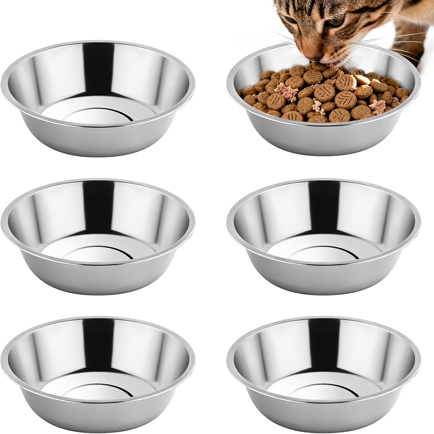 Tifanso 6PCS Stainless Steel Cat Bowls Dishes, 5.6” Metal Shallow Wide Whisker Friendly Cat Food Water Feeding Bowl, Kitten Plates, Basic Indoor Pet Food Tray, Dishwasher Safe