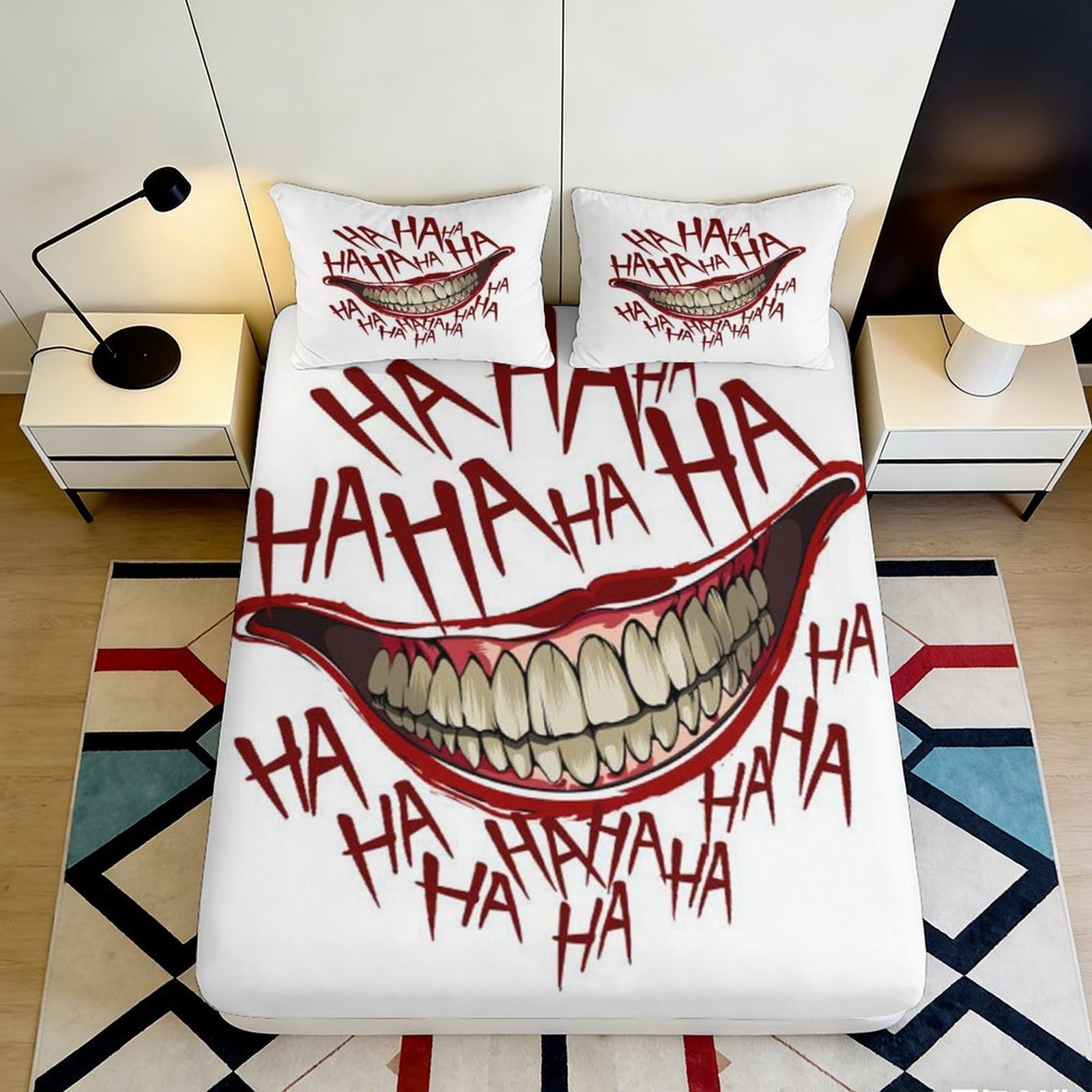 3D Printed Comic Smile Fitted Sheet Microfiber Red HaHa Mattress Cover for Bedroom Dorm Decor Easy Care 90x200x25cm