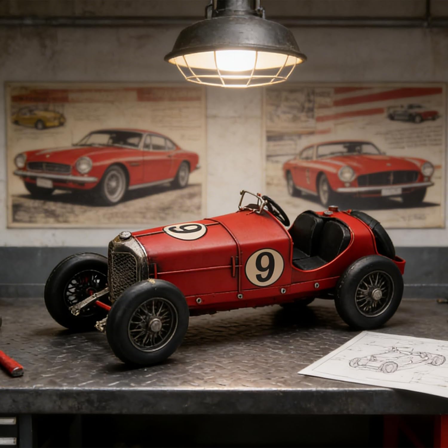 Vintage Red Race Car Model – Handcrafted Classic 9 Numbered Antique Racing Car, Decorative Metal Sculpture for Collectors 10‘’ Long