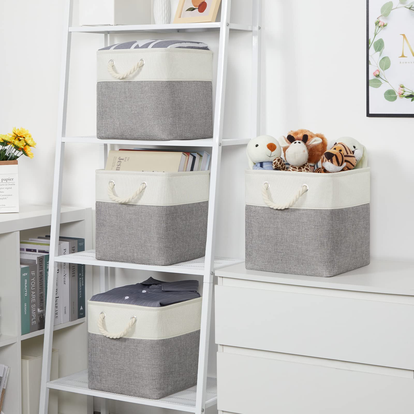 Temary Stoff-Aufbewahrungskörbe zum Organisieren, grauer Korb für Regale, faltbare Körbe mit Griffen für Regale, Kinderzimmer, Schrank (weiß & grau)